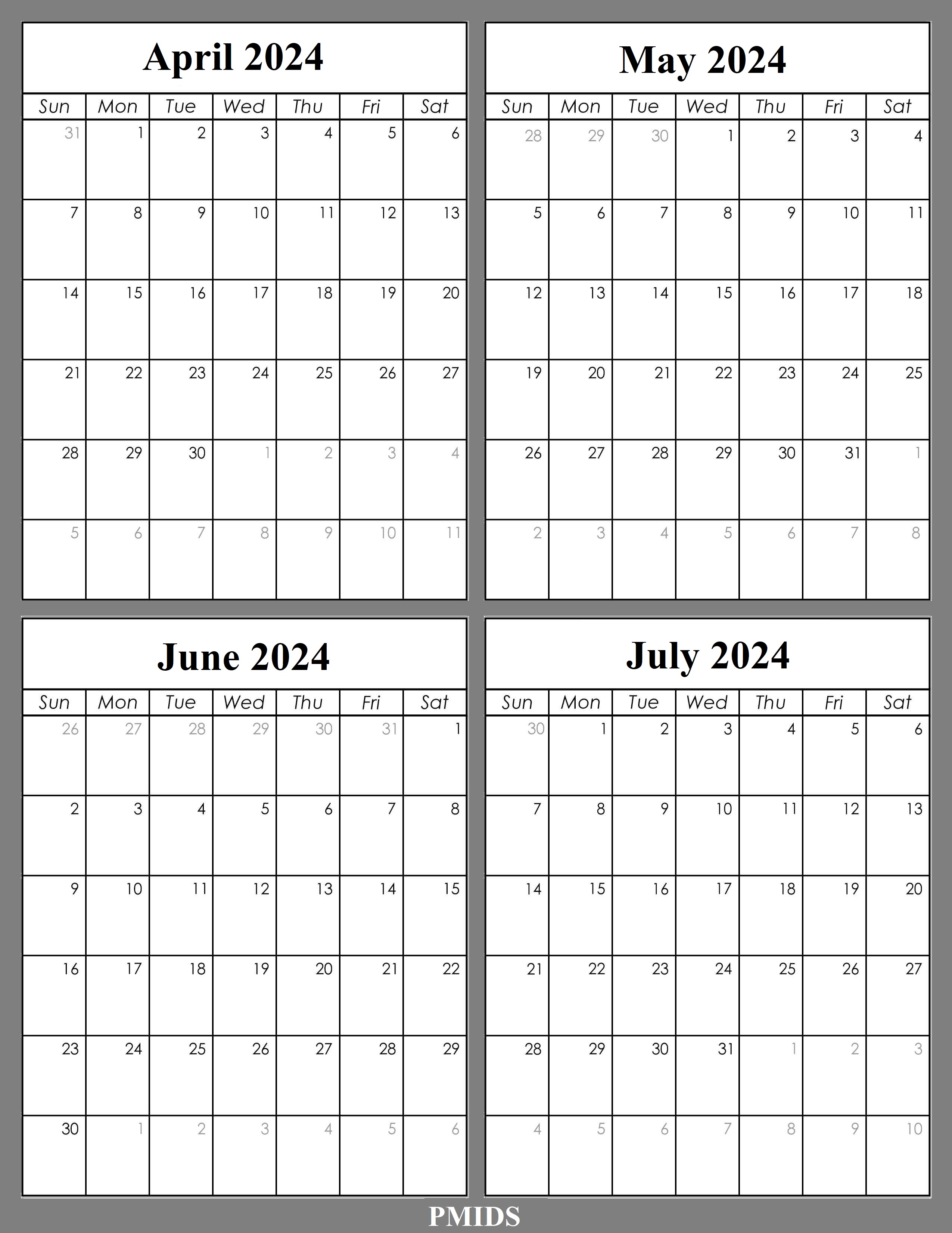 April to July 2024 Calendar Printable Template