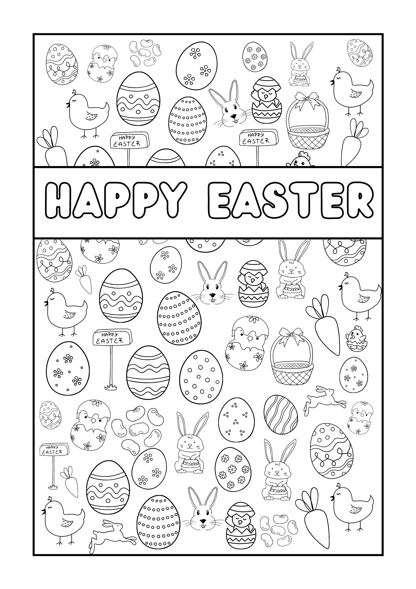 Black and White Doodle Happy Easter Coloring Page Worksheet