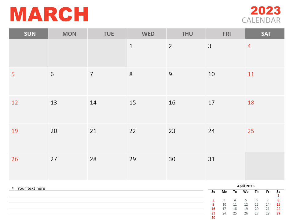 Calendar 2023 March Template PowerPoint