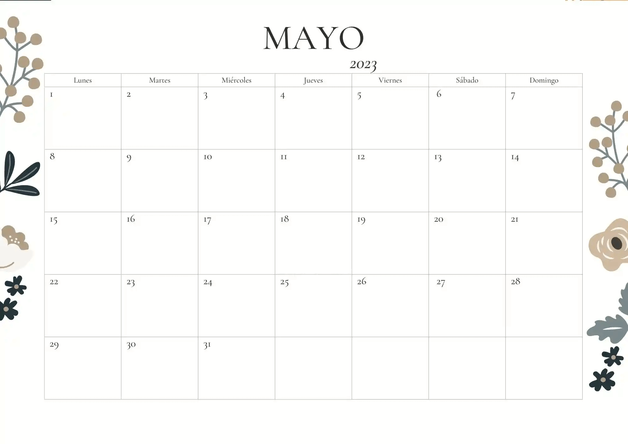 Calendario mayo 2023 para imprimir