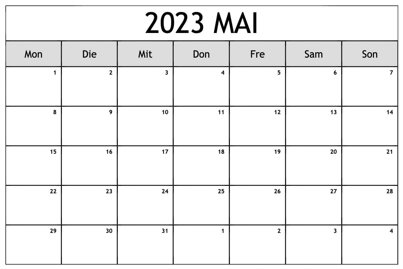 Druckbarer Jahreskalender 2023 mit Mai