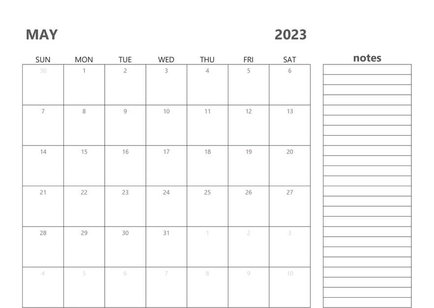Editable May 2023 Calendar with Notes