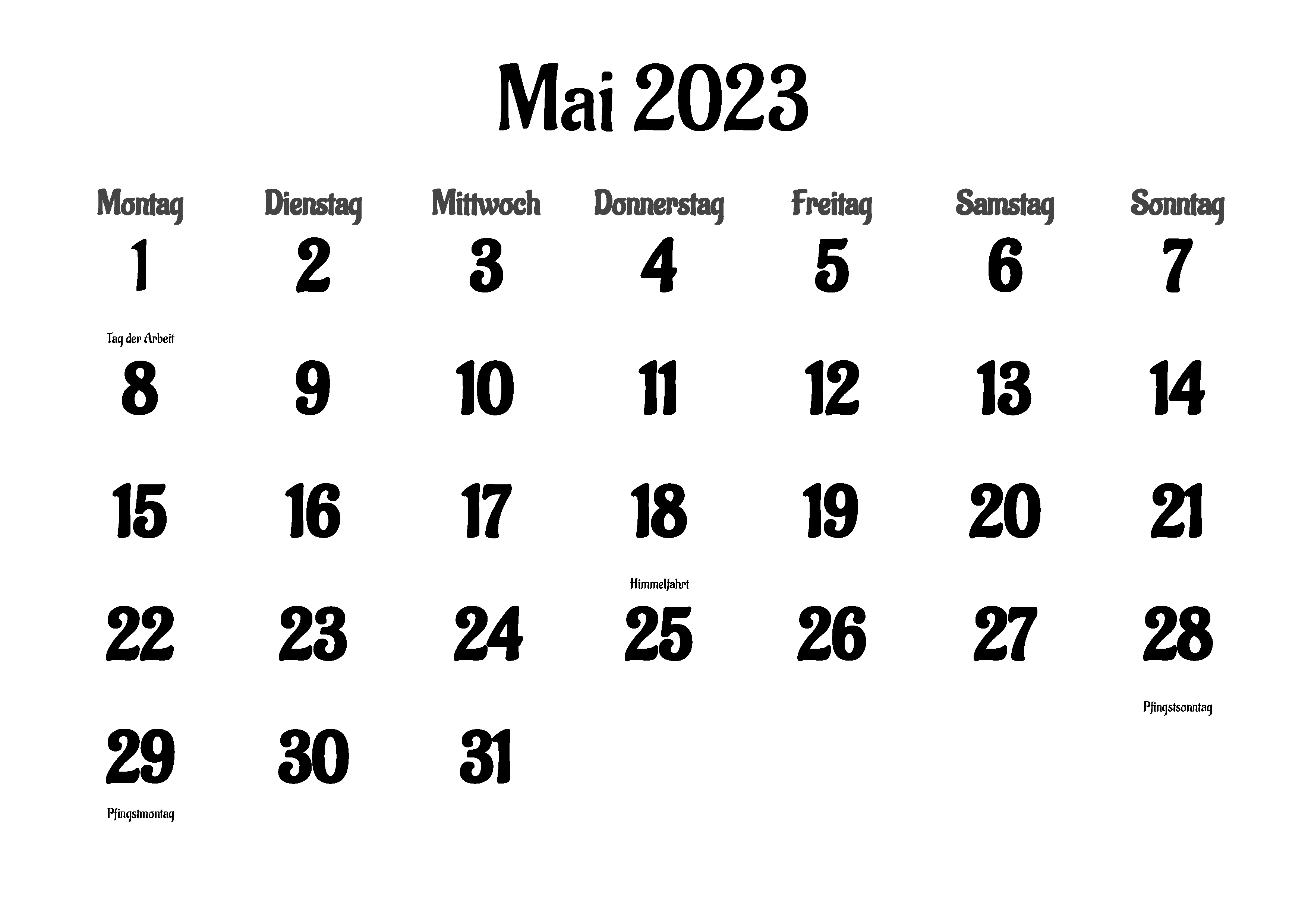Kostenlose Kalendervorlage für den Monat Mai 2023
