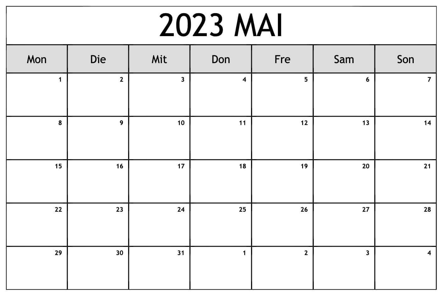 Mai 2023 Kalender Excel