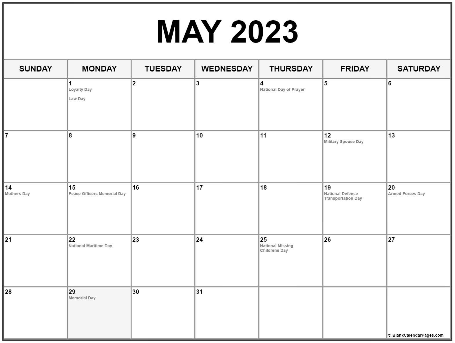 May 2023 calendar US Holidays