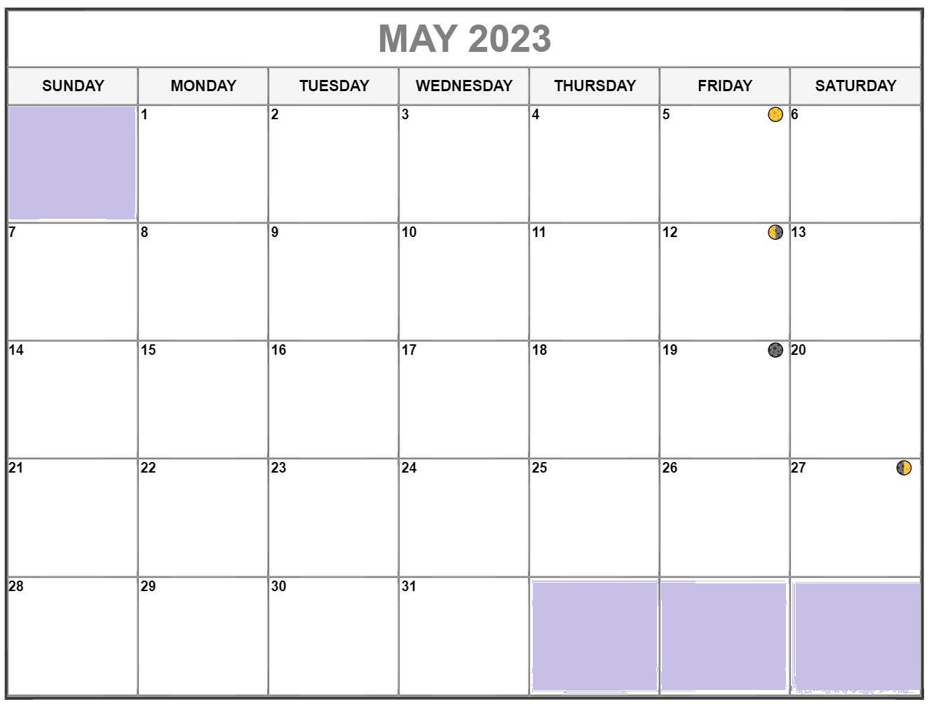 May 2023 lunar calendar with zodiac signs and moon phases