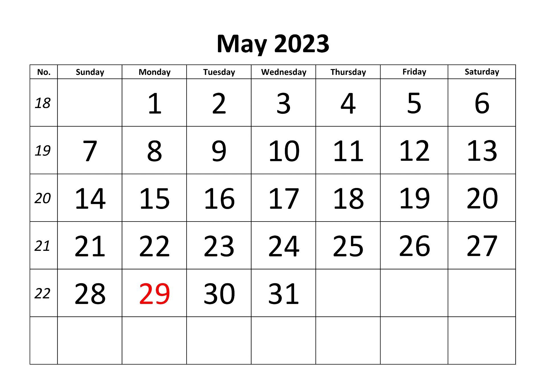 May Calendar 2023 PDF