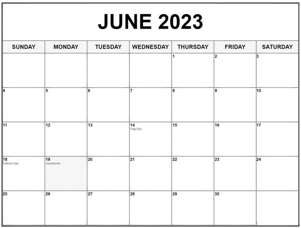 Blank June 2023 Calendar With Holidays