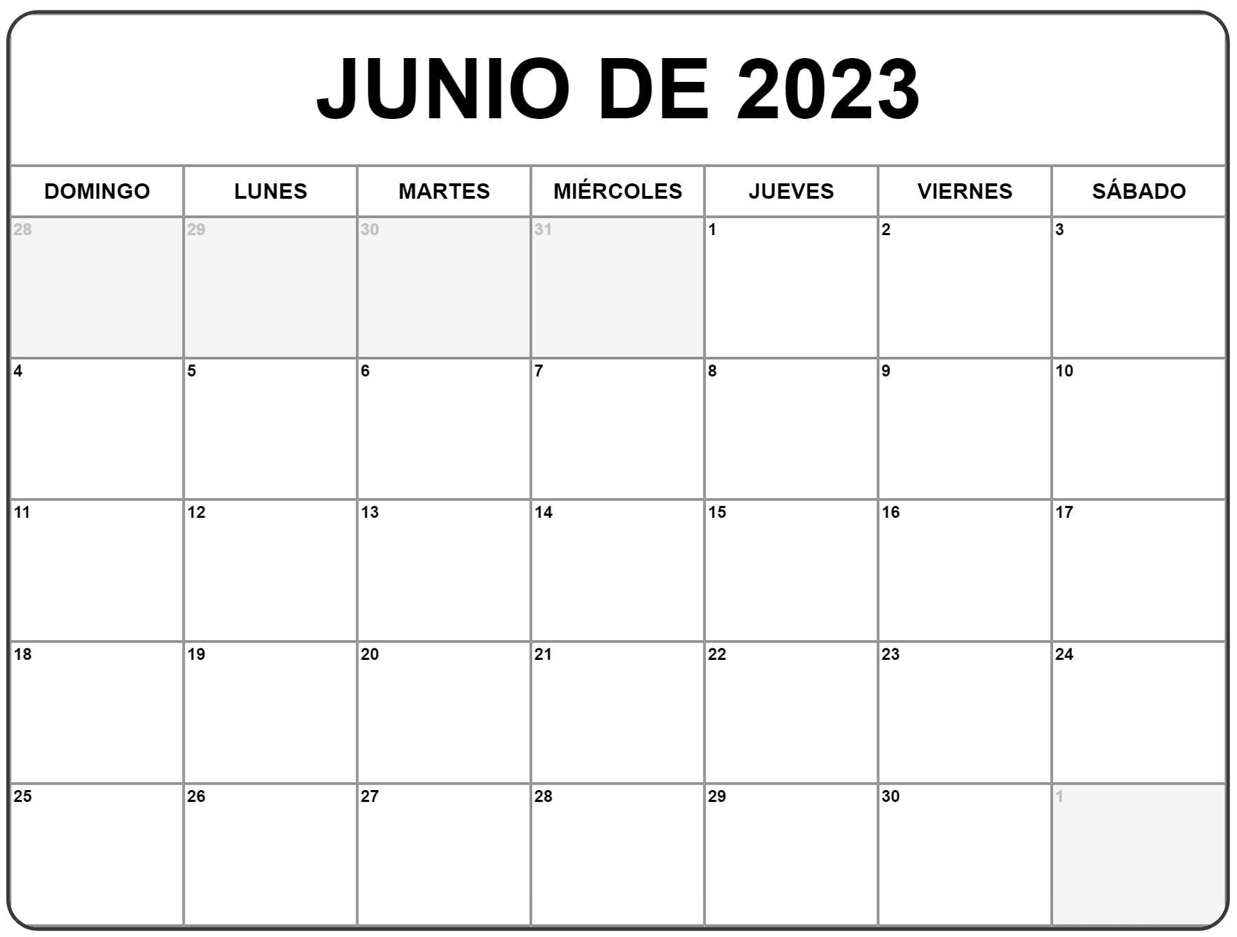 Calendario en Blanco Junio 2023