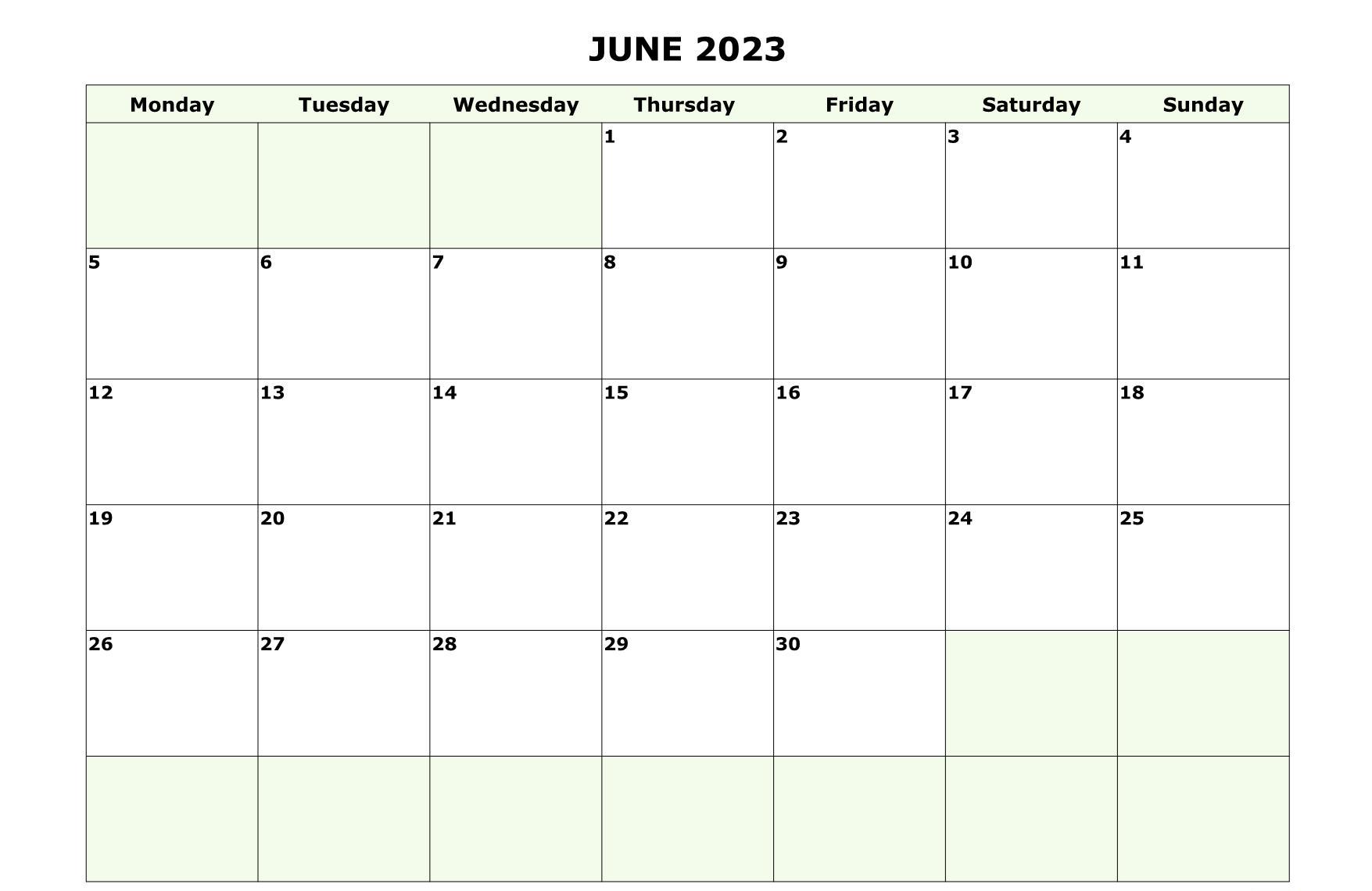 Descarga Gratis Calendario en Blanco Junio 2023