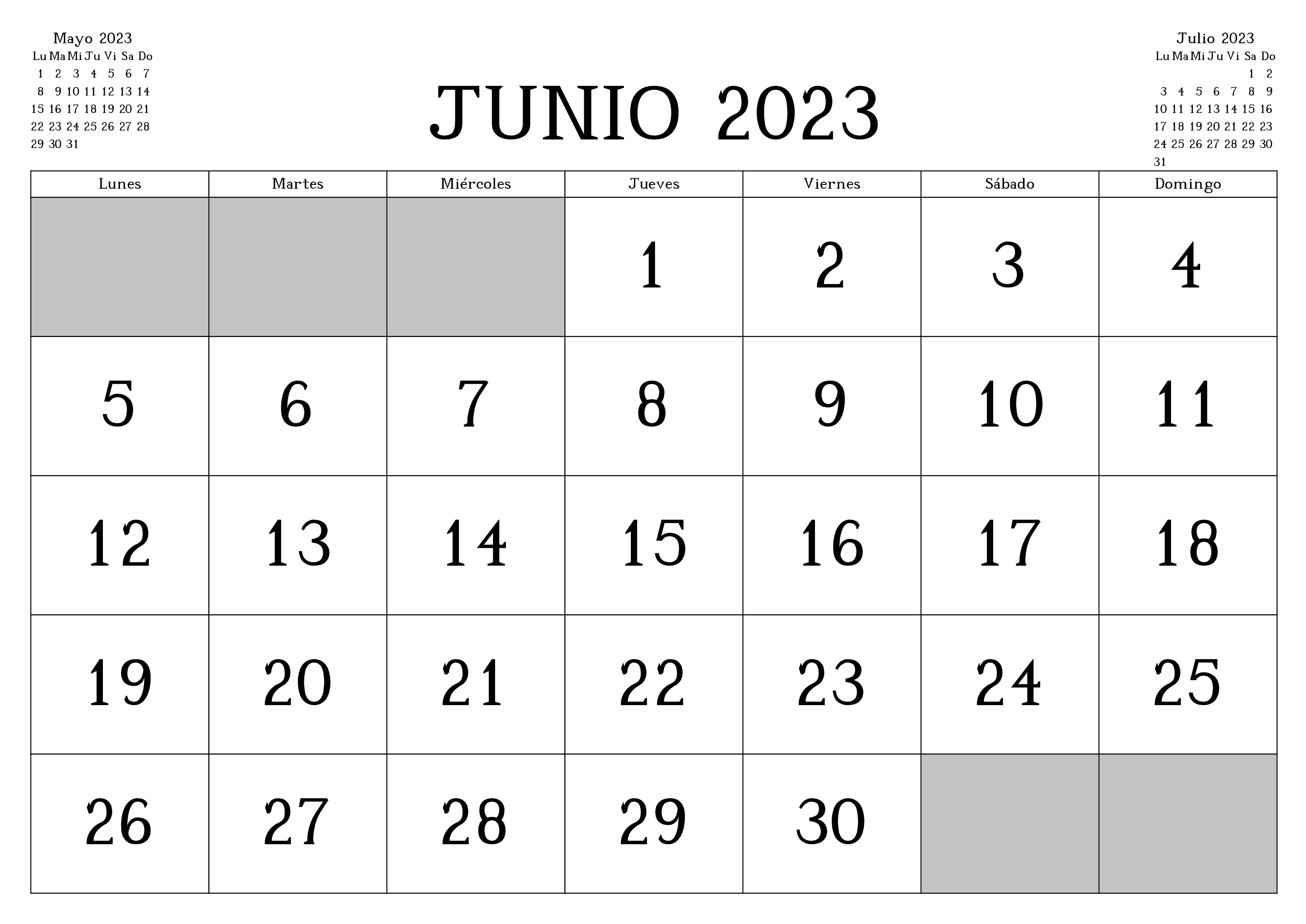 Descargar calendario junio 2023 en blanco y negro
