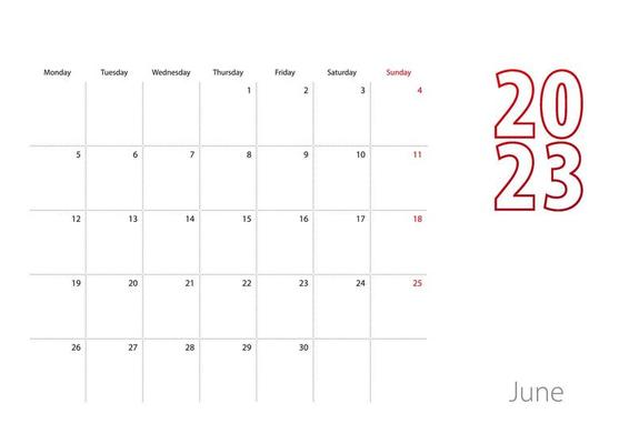 Druckbarer Kalender Juni 2023 für den persönlichen oder beruflichen Gebrauch