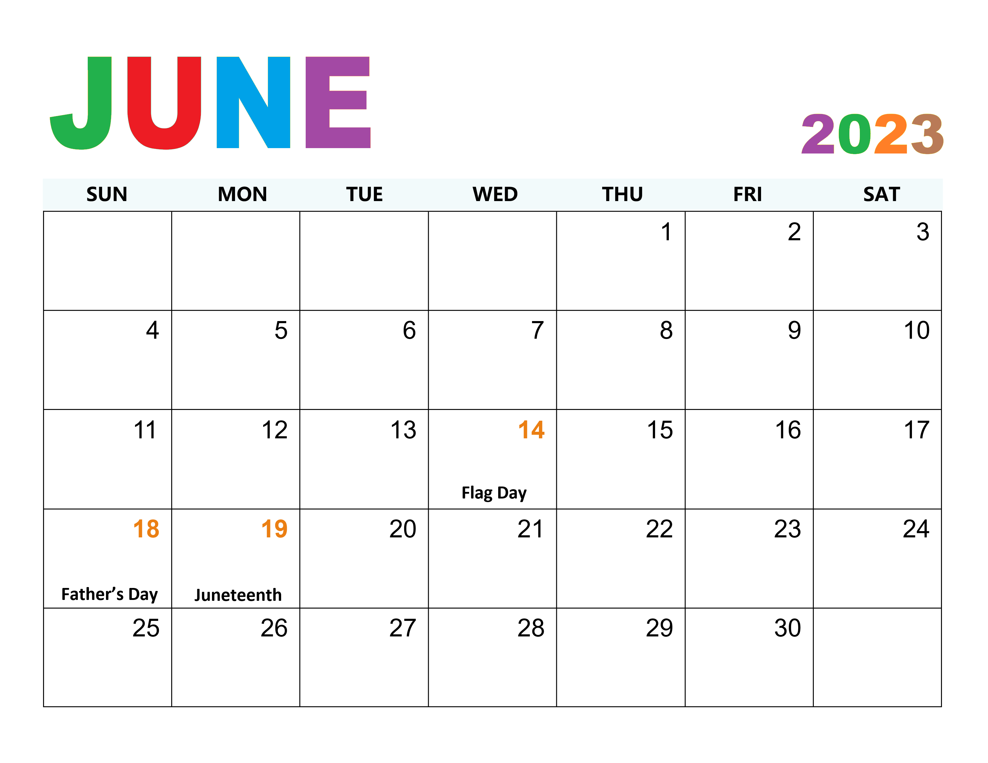 June 2023 Calendar with Holidays Dates