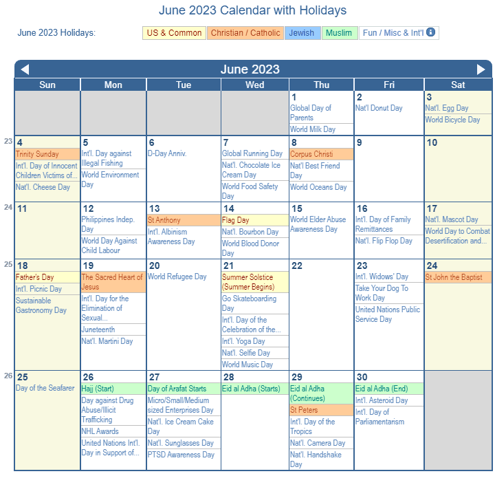 June 2023 Calendar with Holidays - United States