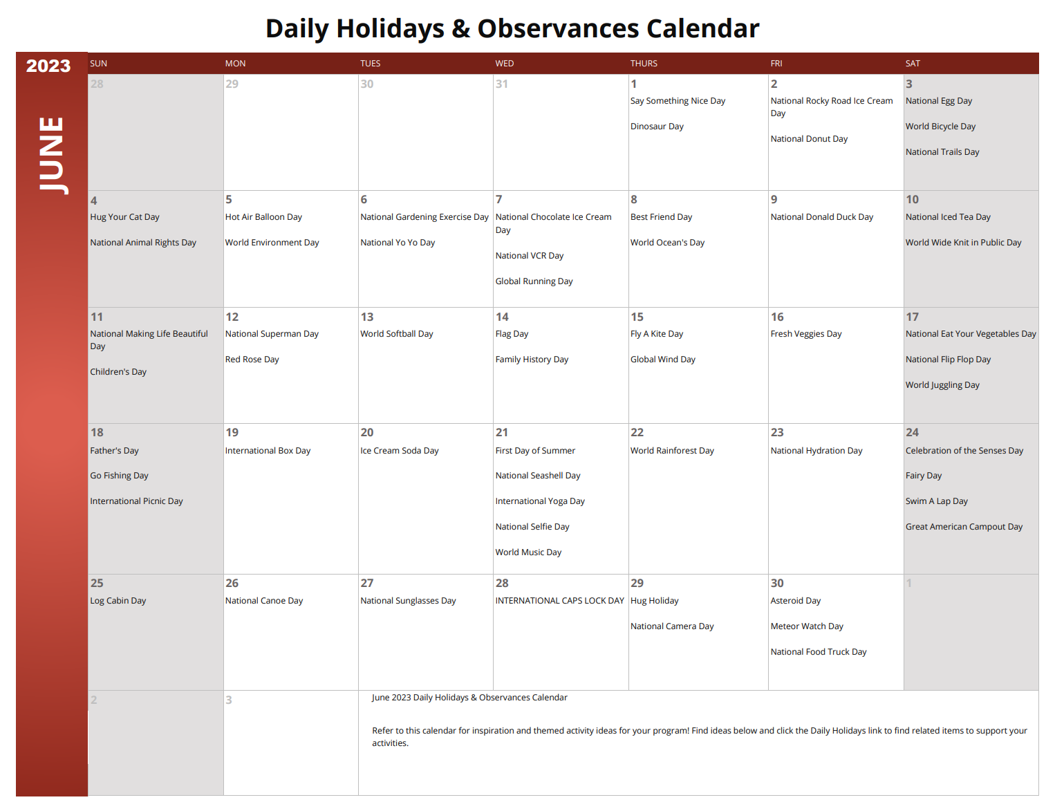 June 2023 Daily Holidays and Observances Calendar