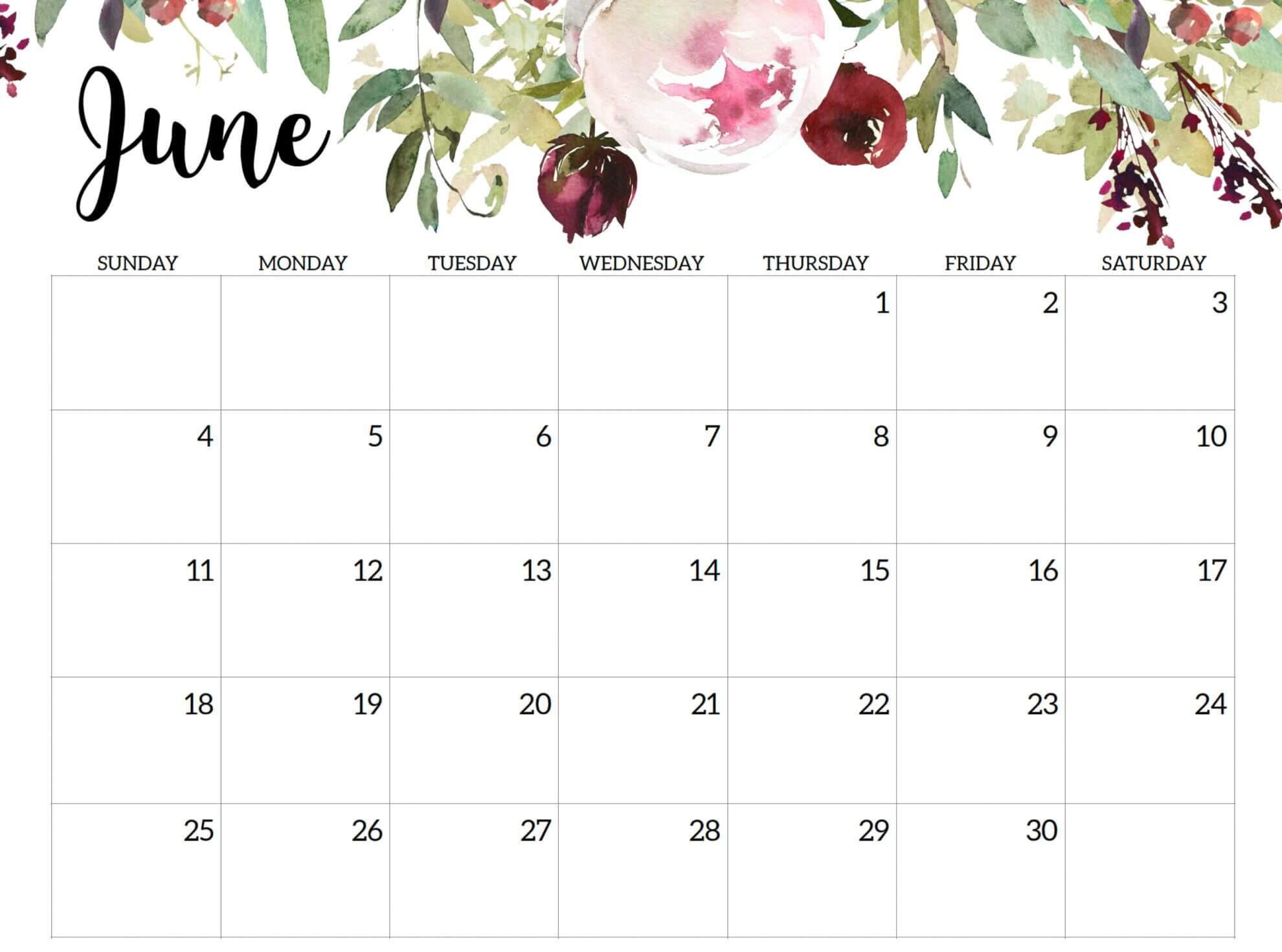 June 2023 Horizontal Floral Calendar