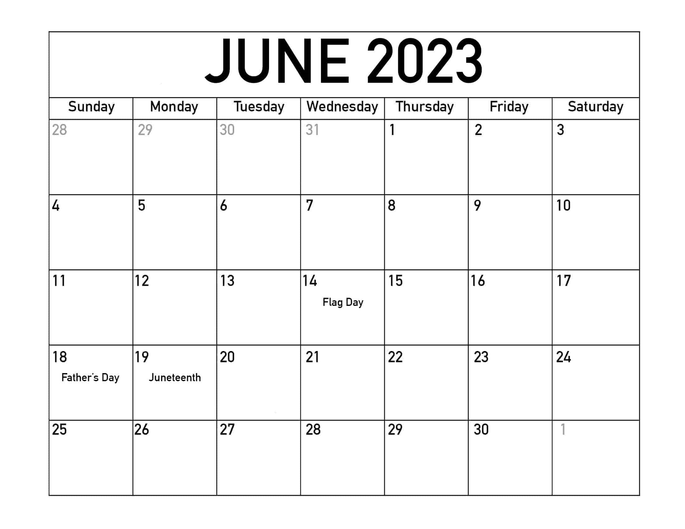 June Calendar 2023 Holidays