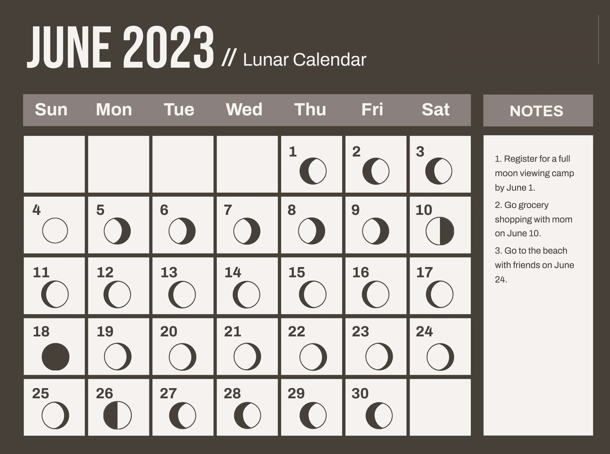 Lunar June 2023 Calendar Phases