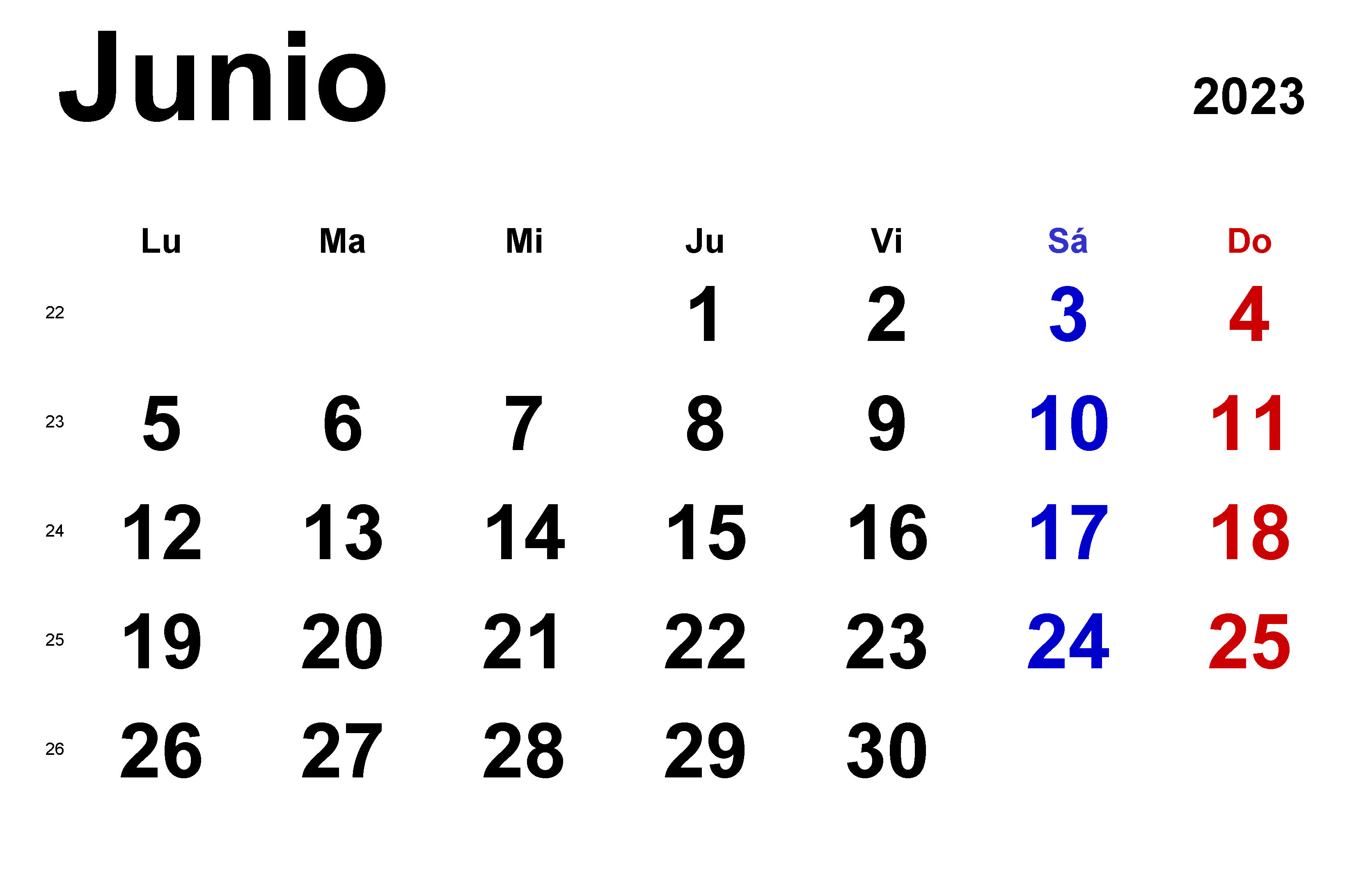 Personaliza tu Calendario en Blanco Junio 2023