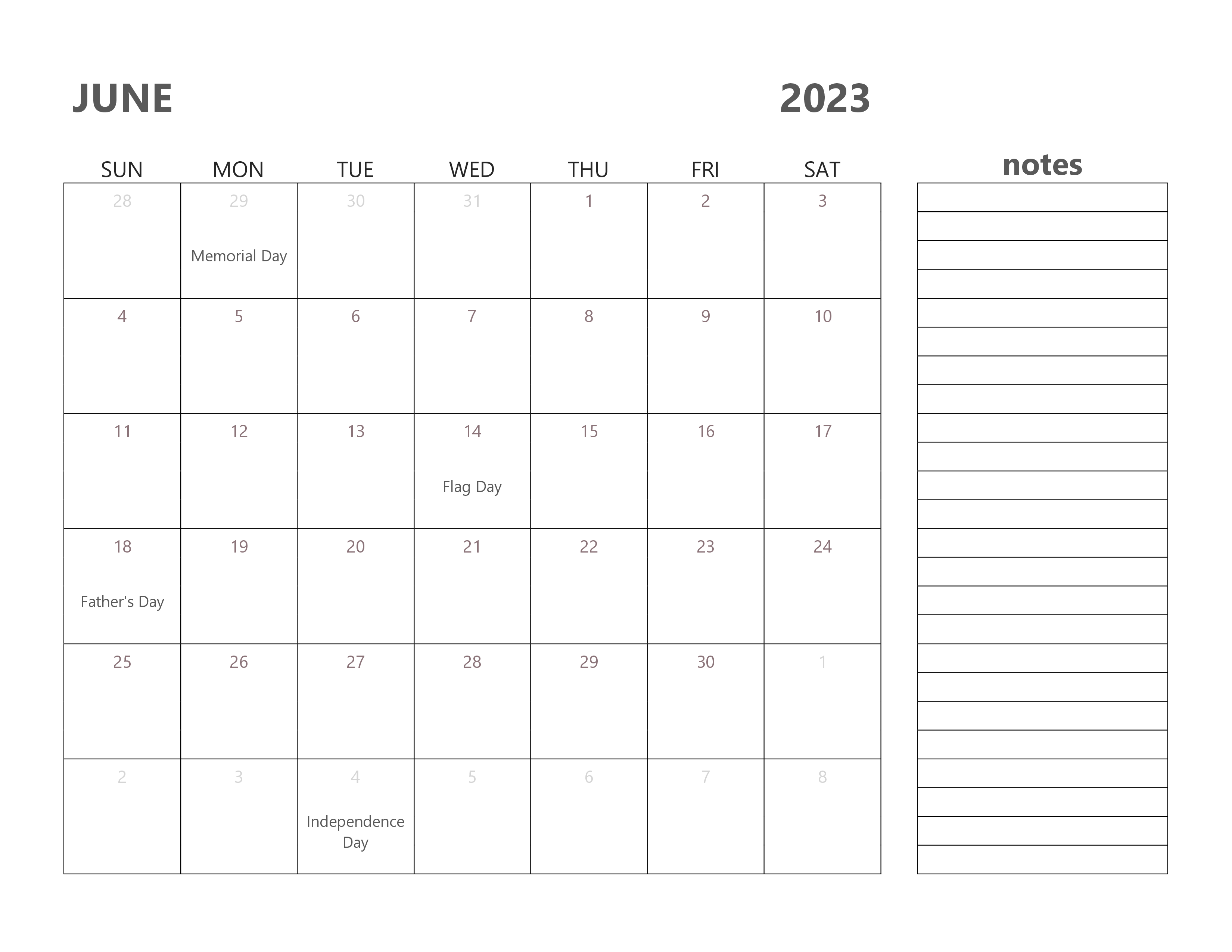 editable june 2023 calendar holidays notes full