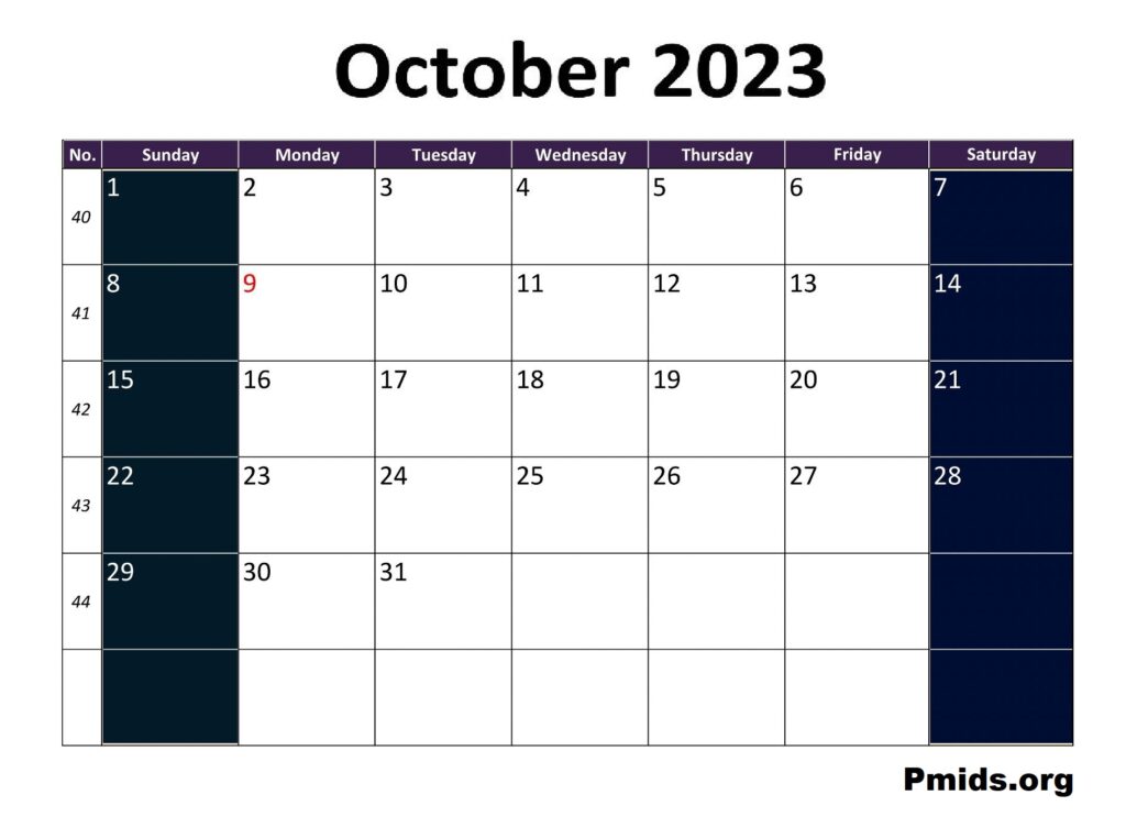 Blue Printable Calendar October 2023