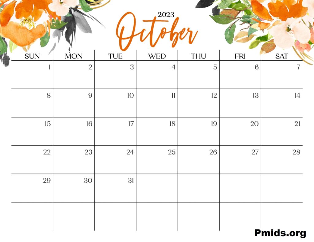Cute Floral October Calendar 2023 printable