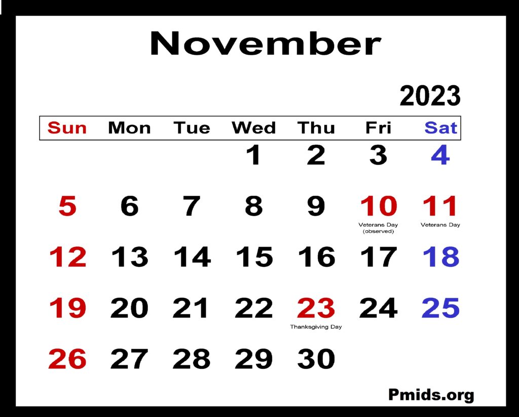 Printable November 2023 Classic Calendar
