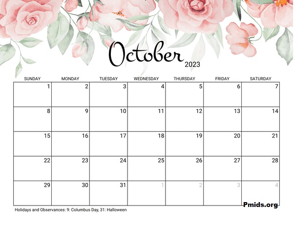october Calendar 2023 printable Rose