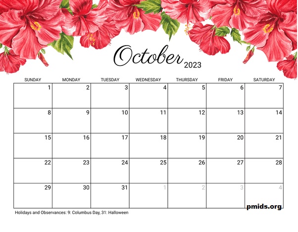 october Calendar 2023 printable hibiscus