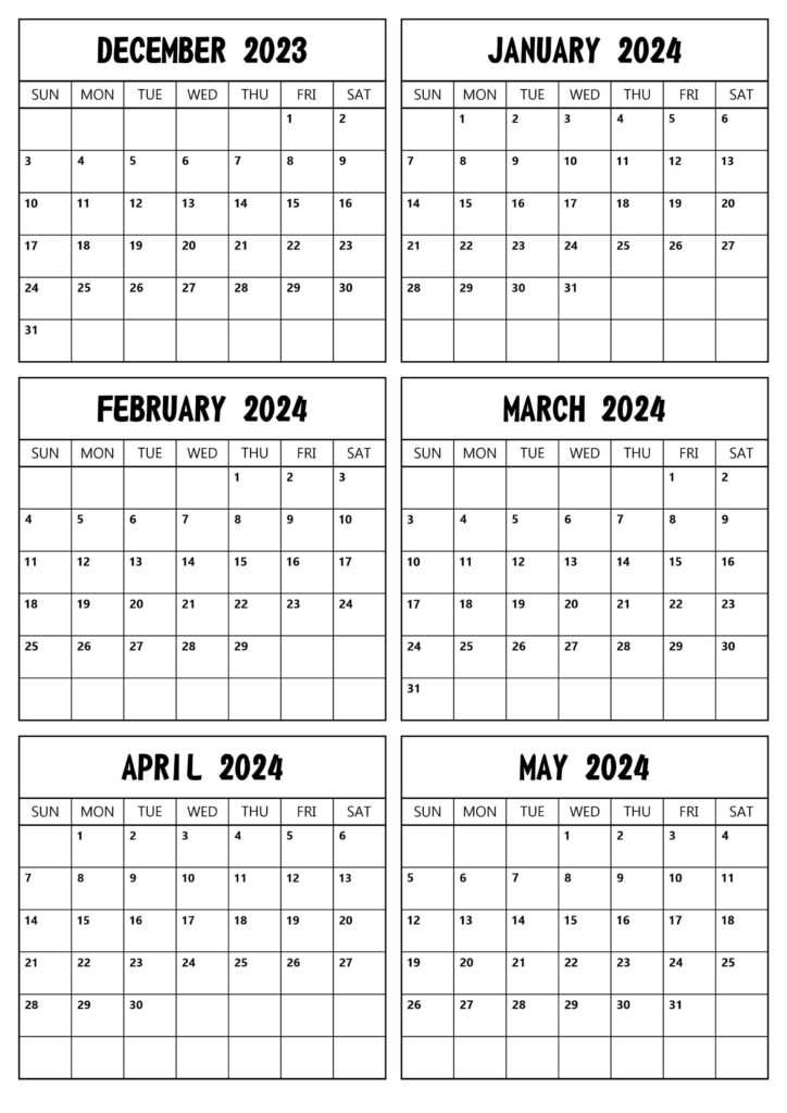 2023 December to 2024 May Calendar