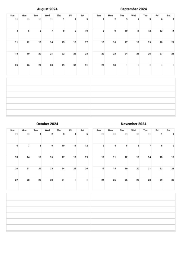 August and November 2024 Free Calendar