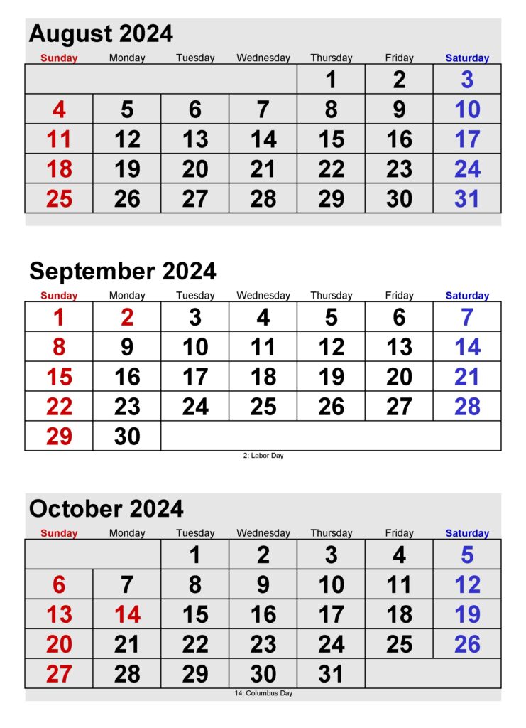 August and October 2024 Printable Calendar