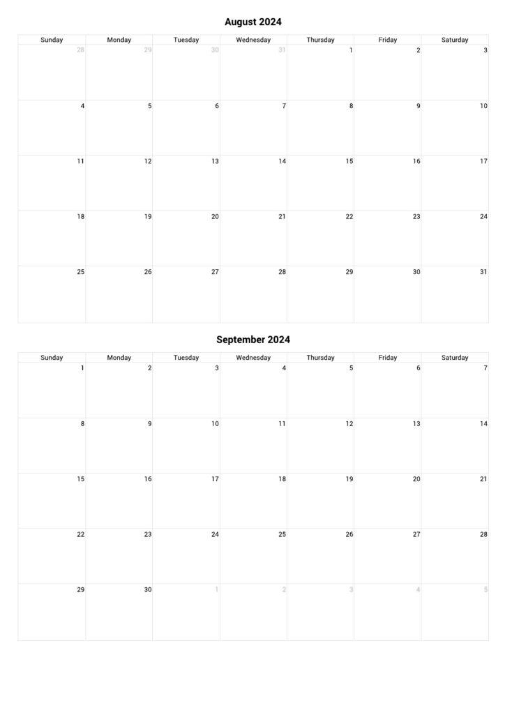 August and September 2024 Printable Calendar