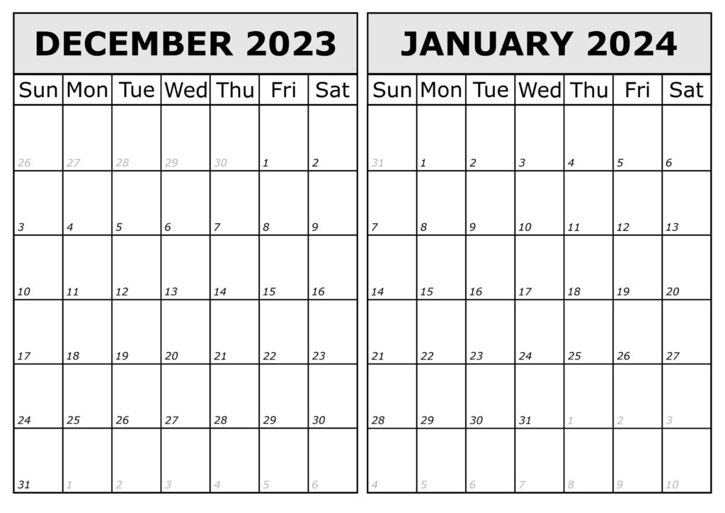 Calendar 2023 December 2024 January Excel