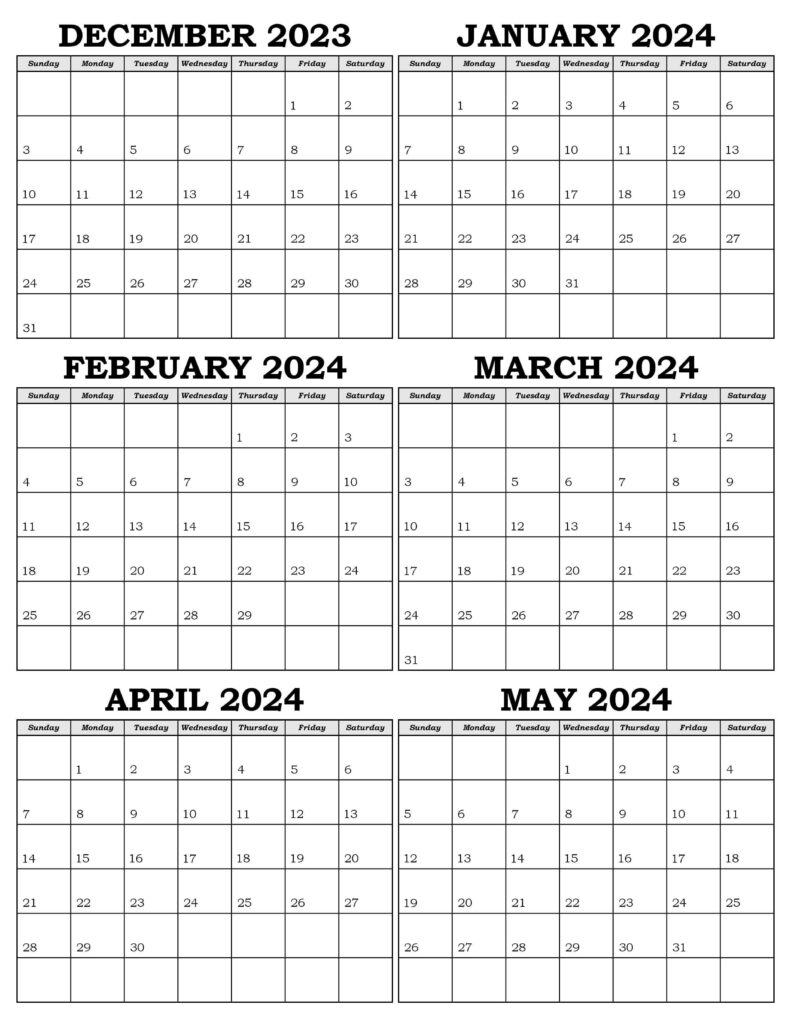 Calendar December 2023 to May 2024