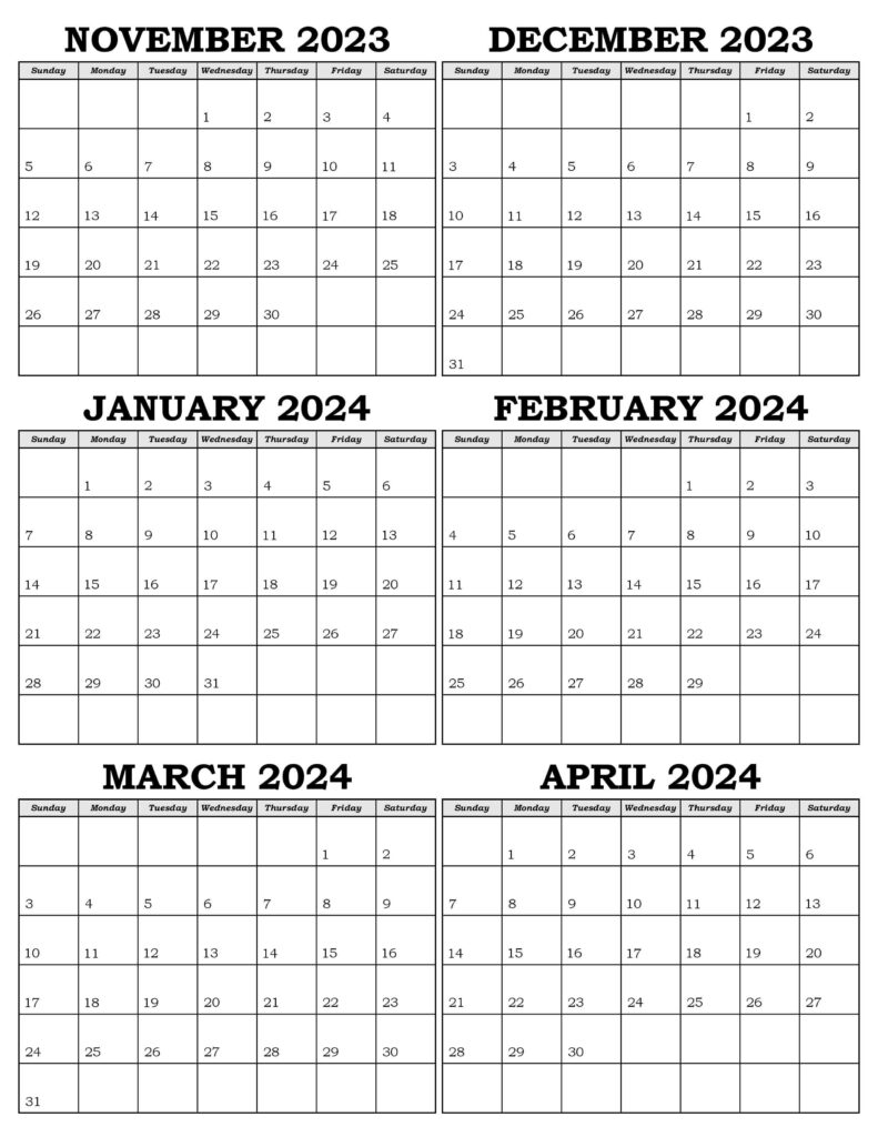 Calendar November 2023 to April 2024