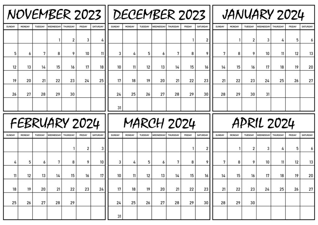 Calendar November 2023 to April 2024 PDF