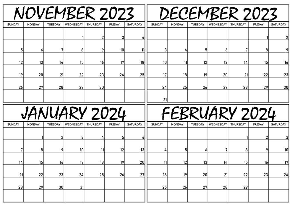 Calendar November 2023 to February 2024 Excel