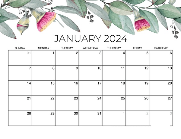 Cute January 2024 Calendar Floral Template