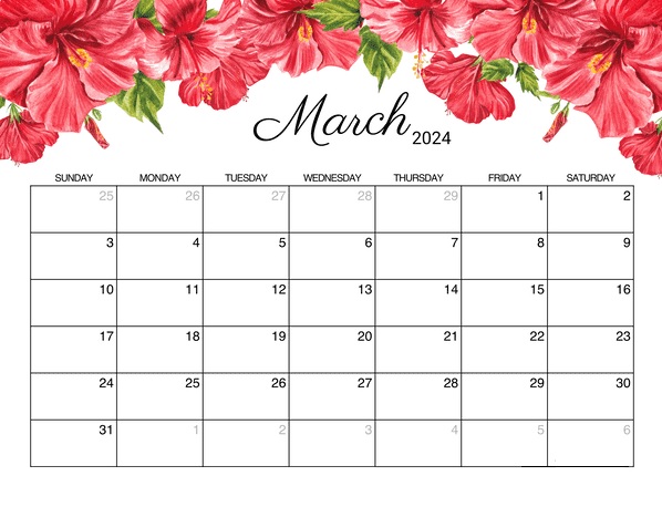 Cute March 2024 Calendar Floral Template