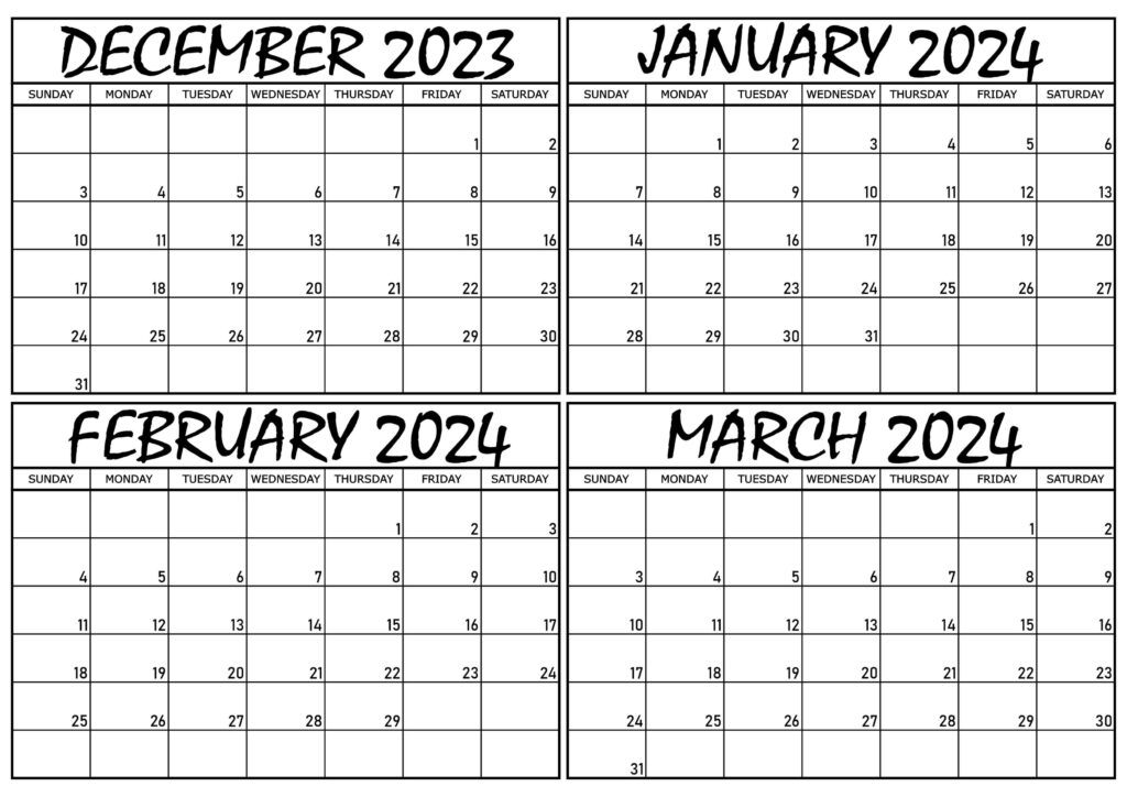 December 2023 to March 2024 Calendar PDF