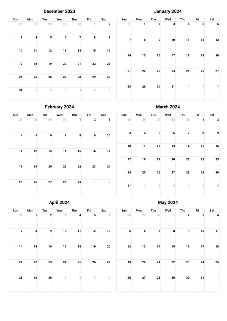 December 2023 to May 2024 Calendar Excel