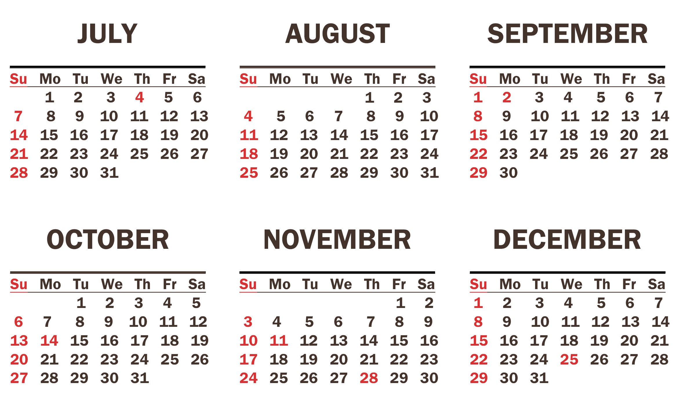 July to December 2024 Free Calendar