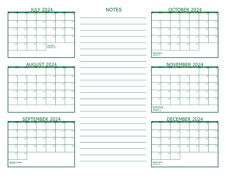July to December 2024 Note Calendar