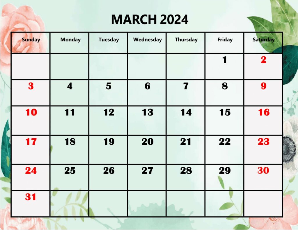 March 2024 Calendar Cute Printable