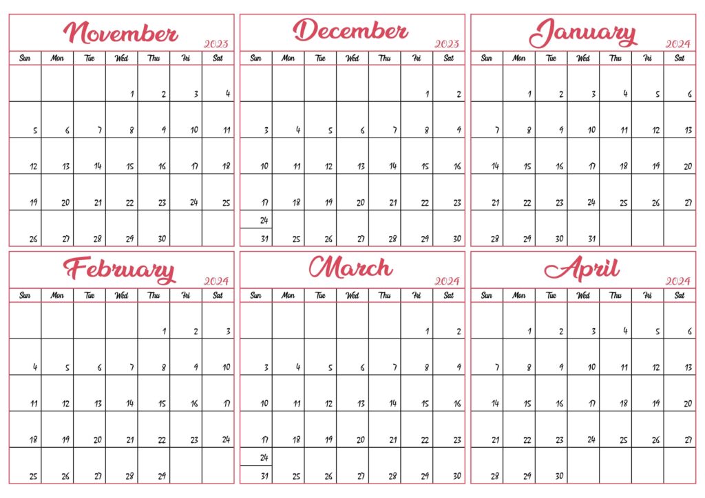 November 2023 to April 2024 Calendar Excel