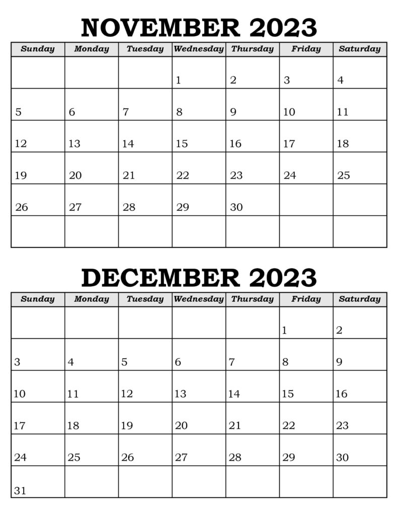 November & December 2023 Calendar Templates