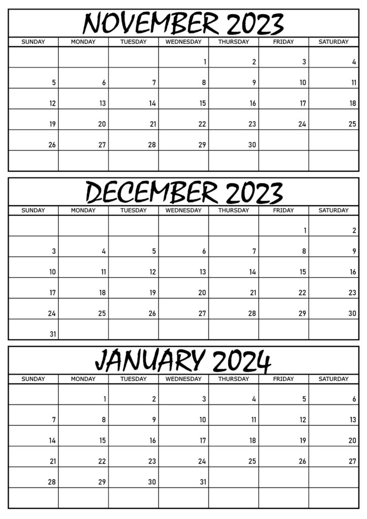 November December 2023 January 2024 Calendar Excel