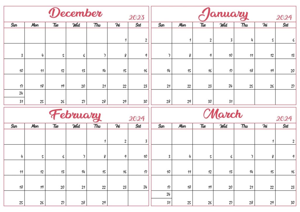 Printable Calendar December 2023 to March 2024