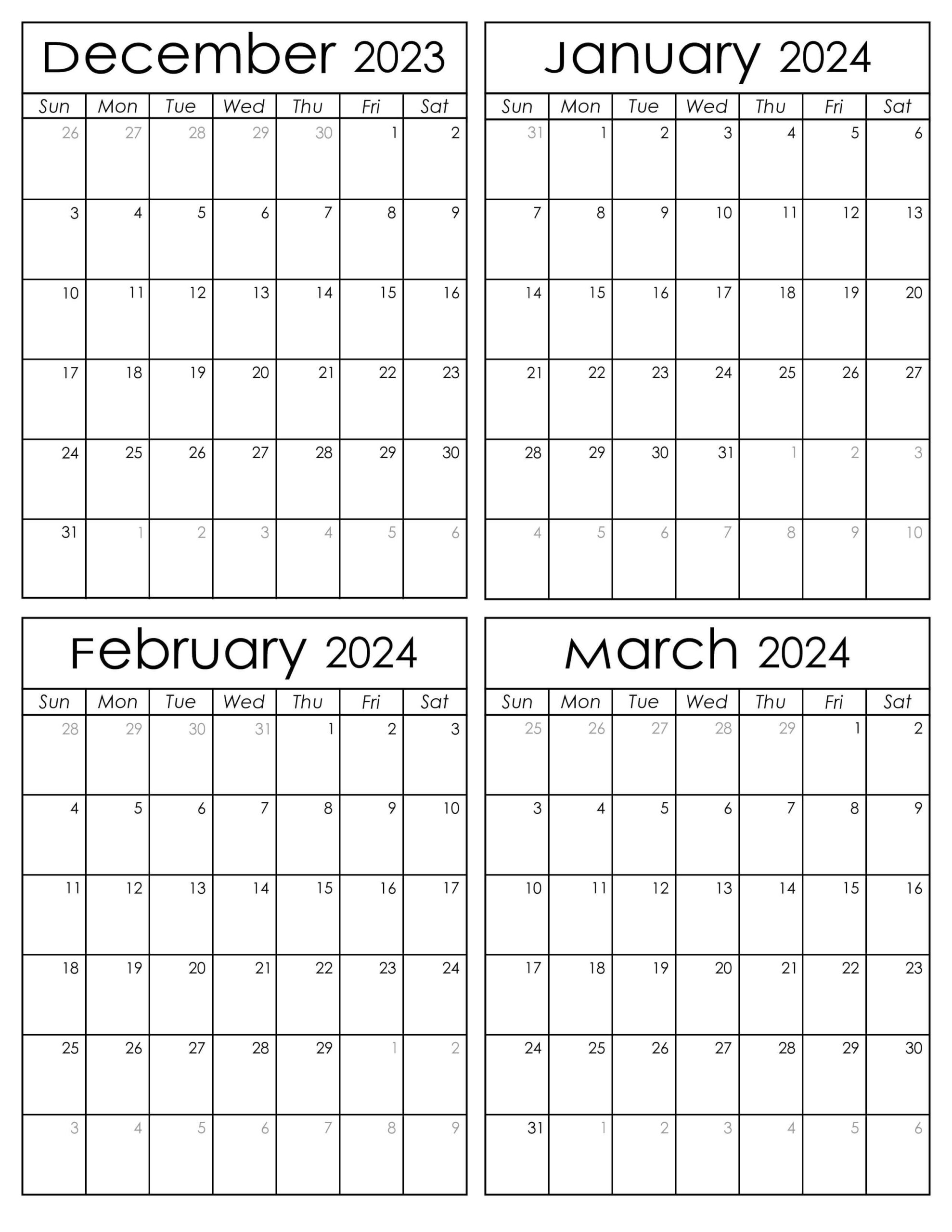 Printable December 2023 to March 2024 Calendars